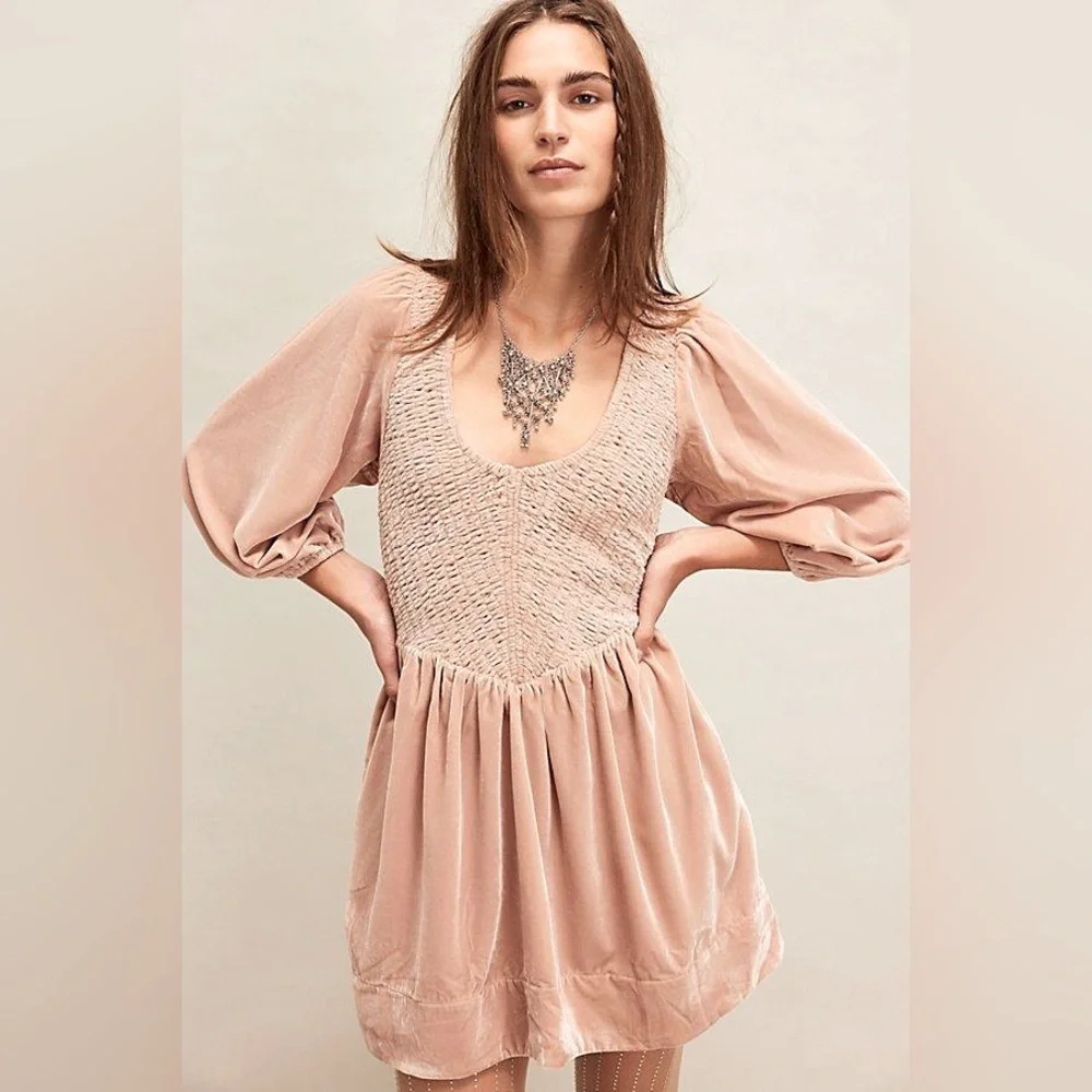 Free People Farrier Velvet Mini Dress in Pink size S new long sleeve - Picture 1 of 9